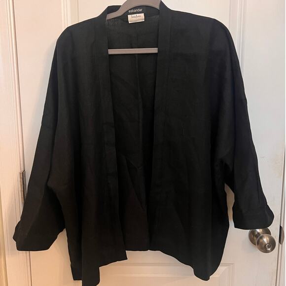 Eskandar Neiman Marcus Lagenlook Black Linen Open Front Kimono Jacket Sz 1 Boxy